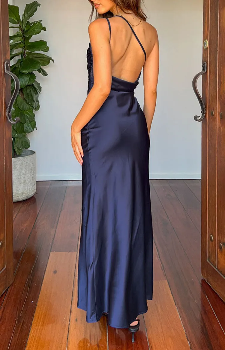 Navy One Shoulder Satin Formal Dresses