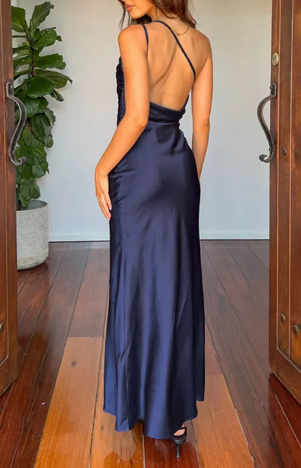 Navy One Shoulder Satin Formal Dresses