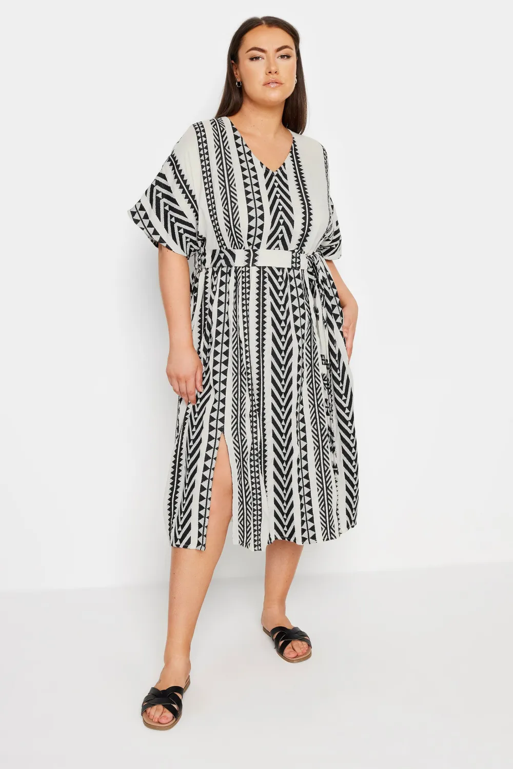YOURS Curve Black & White Aztec Print Embroidered Maxi Dress