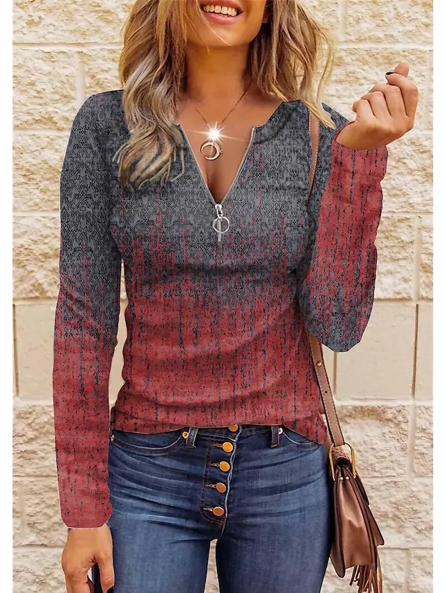 Women's T shirt Tee Going Out Tops Red Blue Purple Graphic Quarter Zip Print Long Sleeve Daily Weekend Daily Basic V Neck Regular Fit Painting Fall & Winter