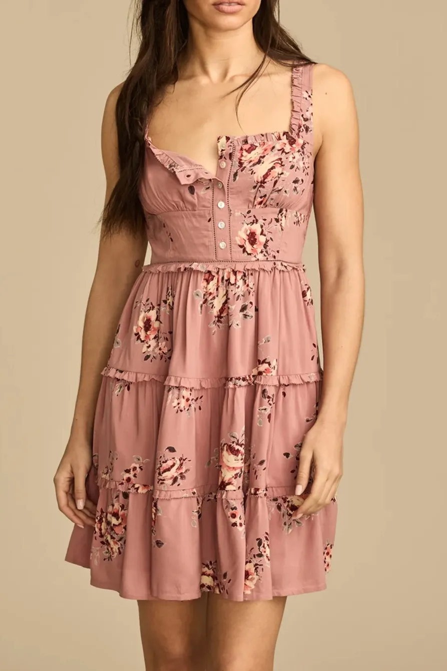 Pink Floral Tiered Ruffle Corset Midi Dress