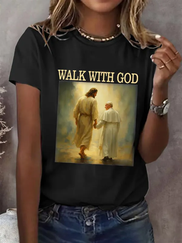 Women's Walk With God Print Short Sleeve Round Neck Cotton T-Shirt