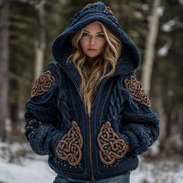Women's Viking Celtic Knot Cozy Warm Knit Full Zip Hooded Sweater