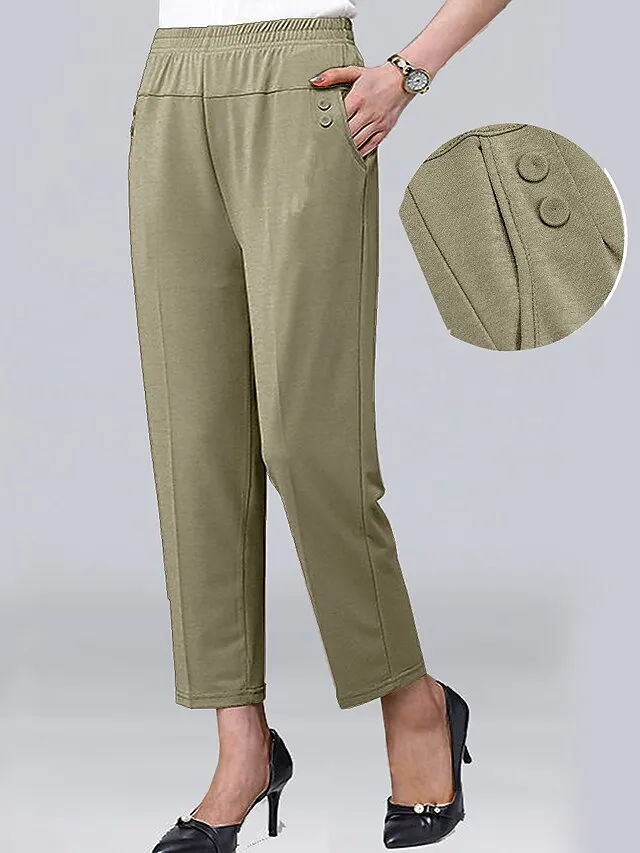 Women‘s Dress Work Pants Wine Almond Black High Waist Solid Color Buttons Fashion Streetwear Daily Wear Pocket Ankle-Length Comfort Plain M L XL 2XL 3XL