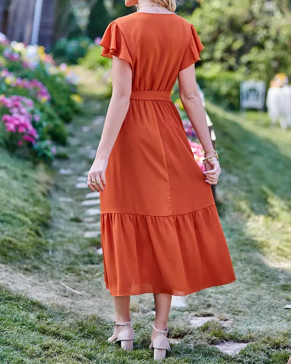 Women Summer Bohemian Floral Casual Wrap V Neck Ruffle Cap Sleeveless Belt A-Line Pleated Hem Swing Midi Sun Dress