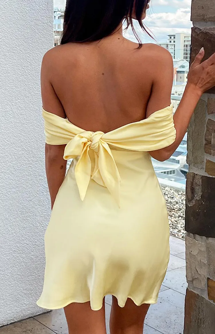 Off Shoulder Satin Yellow Mini Dress