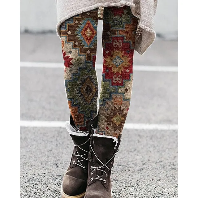 Women's Fleece Lined Leggings Warm Paisley Winter Leggings Tummy Control Butt Lift Ankle-Length Daily Fashion Tights Skinny Red Navy Blue Mid Waist Micro-elastic Winter