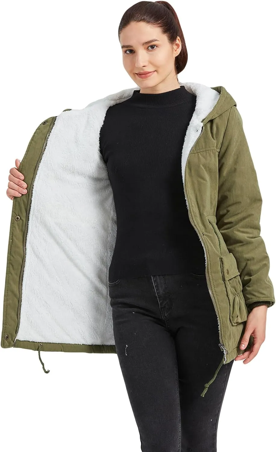 Women's Winter Mid Length Thick Warm Faux Lamb Wool Lined Jacket Coat