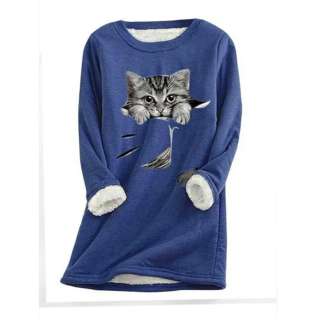 Women's Plus Size Sweatshirt Pullover Cat Teddy Sherpa Fleece Denim Blue Black White Street Casual Round Neck Long Sleeve Top Micro-elastic Fall & Winter