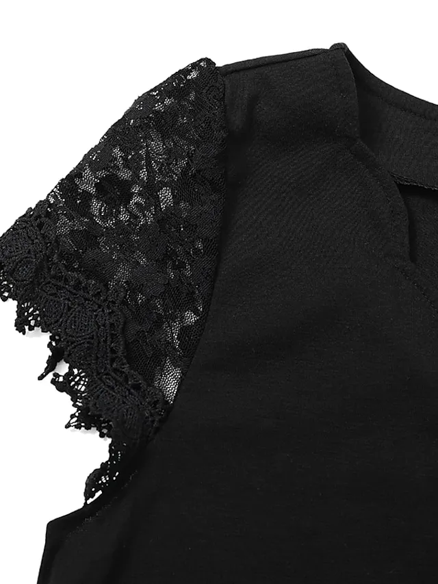 Women‘s Lace Dress A Line Dress Short Mini Dress Black Short Sleeve Pure Color Lace Spring Summer V Neck Elegant Loose 2023 S M L XL XXL XXXL / Party Dress