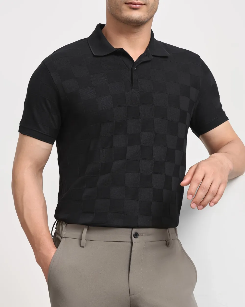 Casual Minimalist Black Plaid Texture Polo Shirt
