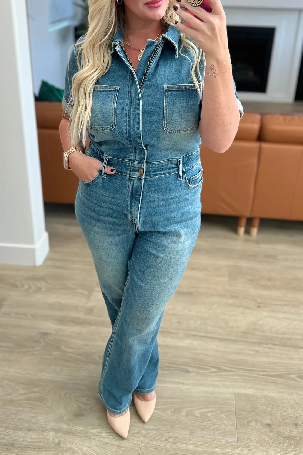 Blue Classic Minimalist Zipper Slim-Fit Jumpsuit