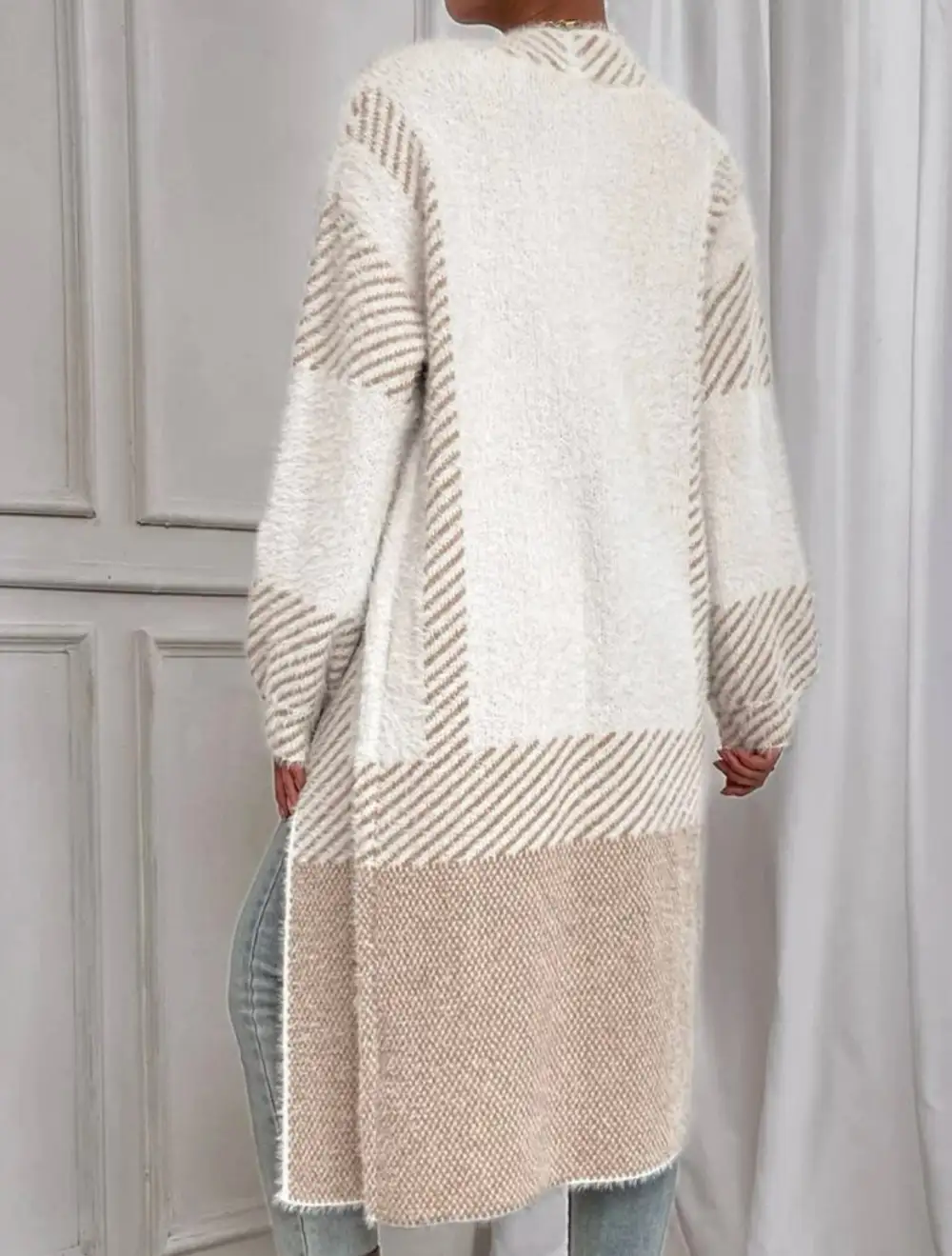 Long Fuzzy White & Brown Cardigan