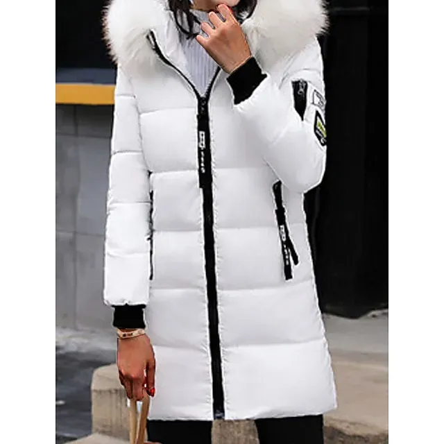 Women's Parka Long Puffer Jacket Windproof Thermal Warm Heated Coat with Pockets Winter Coat with Fur Collar Hood Long Sleeve Full Zip Black White Pink