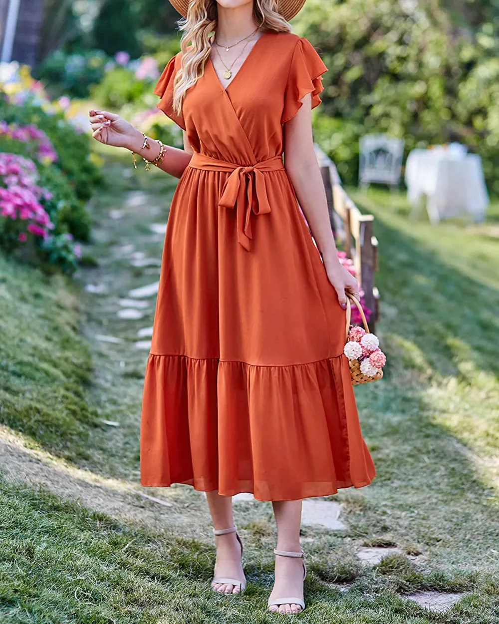 Women Summer Bohemian Floral Casual Wrap V Neck Ruffle Cap Sleeveless Belt A-Line Pleated Hem Swing Midi Sun Dress