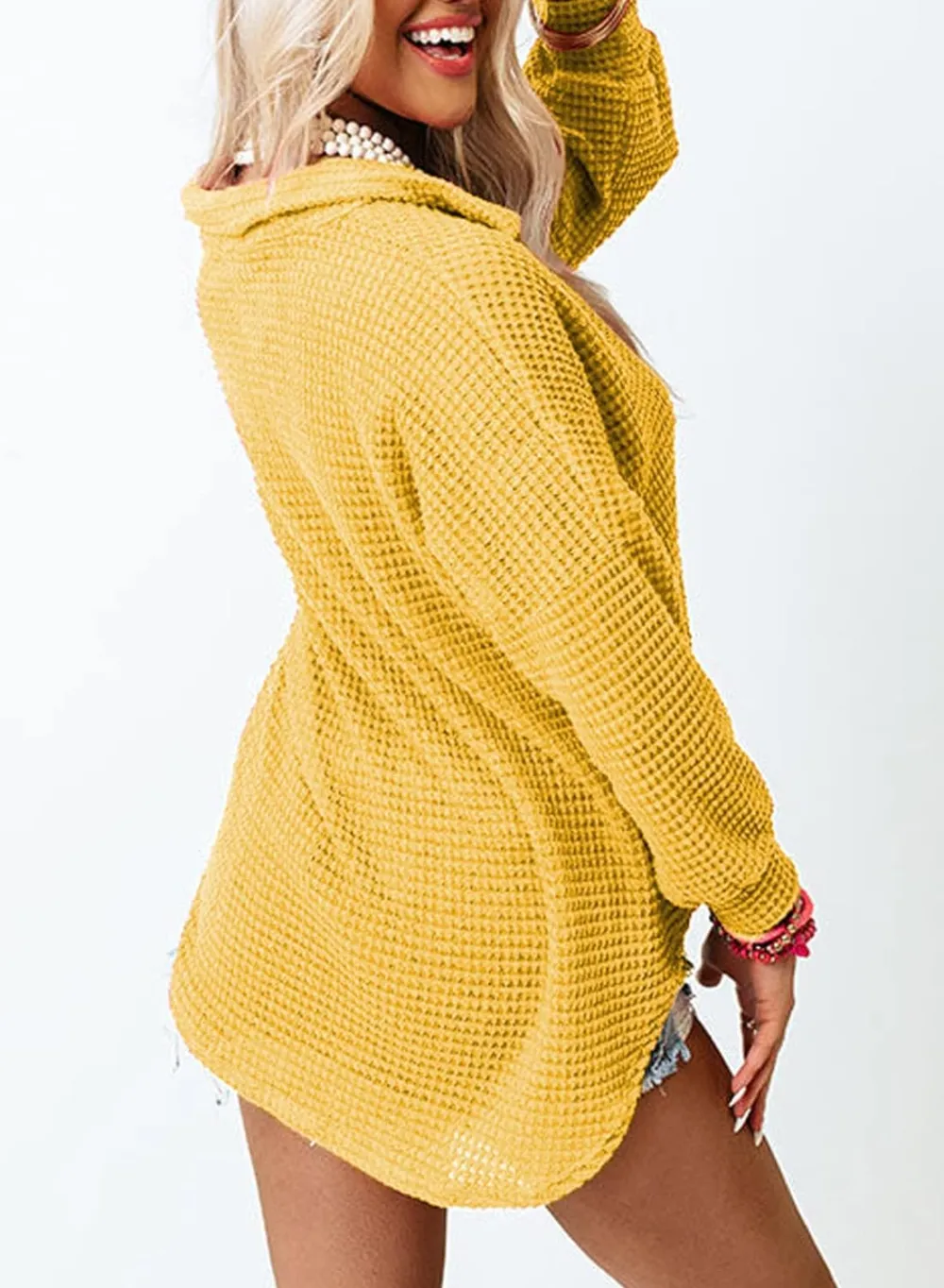 Womens Waffle Knit Button Down Shirts Casual Long Sleeve Shacket Jacket Boyfriend Tops Blouses Loose Fit