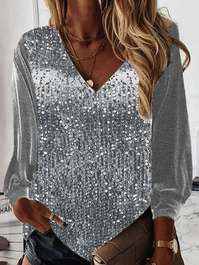 Women's Shirt Blouse Silvery Pink Royal Blue Plain Sparkly Sequins Long Sleeve Casual Basic V Neck Regular Fit Spring Fall