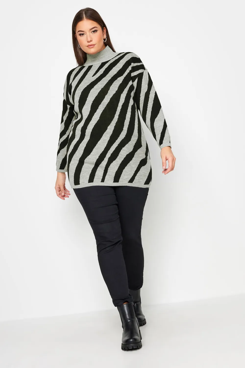 YOURS Curve Grey Zebra Print Turtle Neck Jumper
