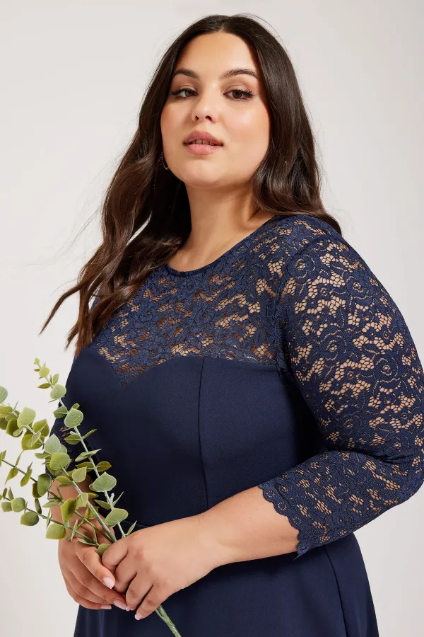 YOURS LONDON Curve Navy Blue Lace Sweetheart Dress