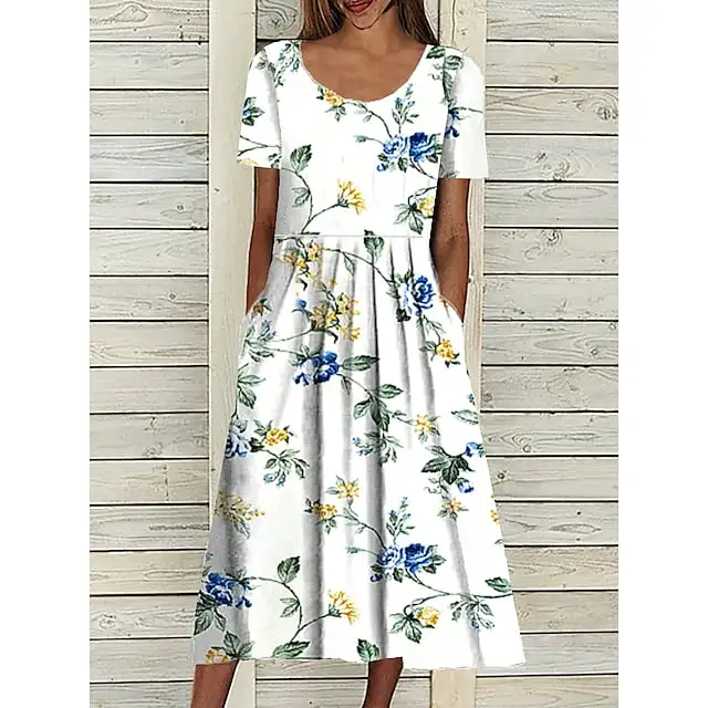 Women's Casual Dress Midi Dress White Blue Green Short Sleeve Floral Ruched Summer Spring Crew Neck Basic Loose Fit 2023 S M L XL XXL 3XL