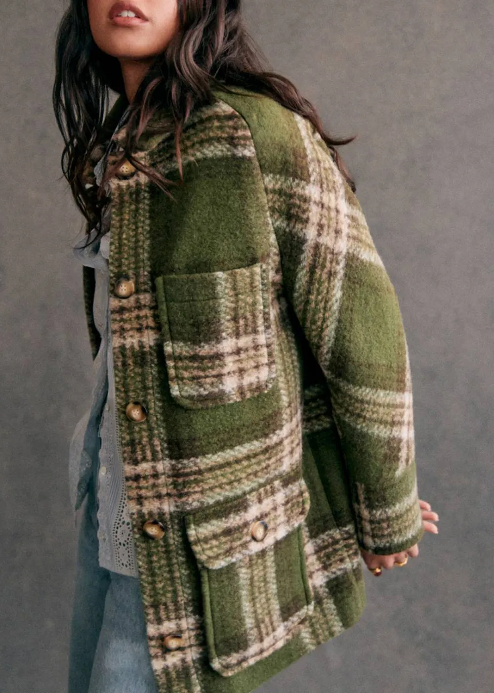 Khaki Check Checked Coat With Classic Collar