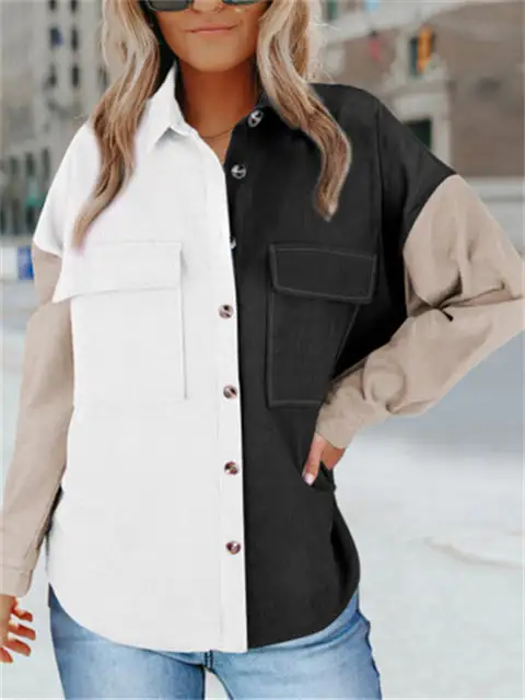 Color Block Buttons Shirt With Pockets