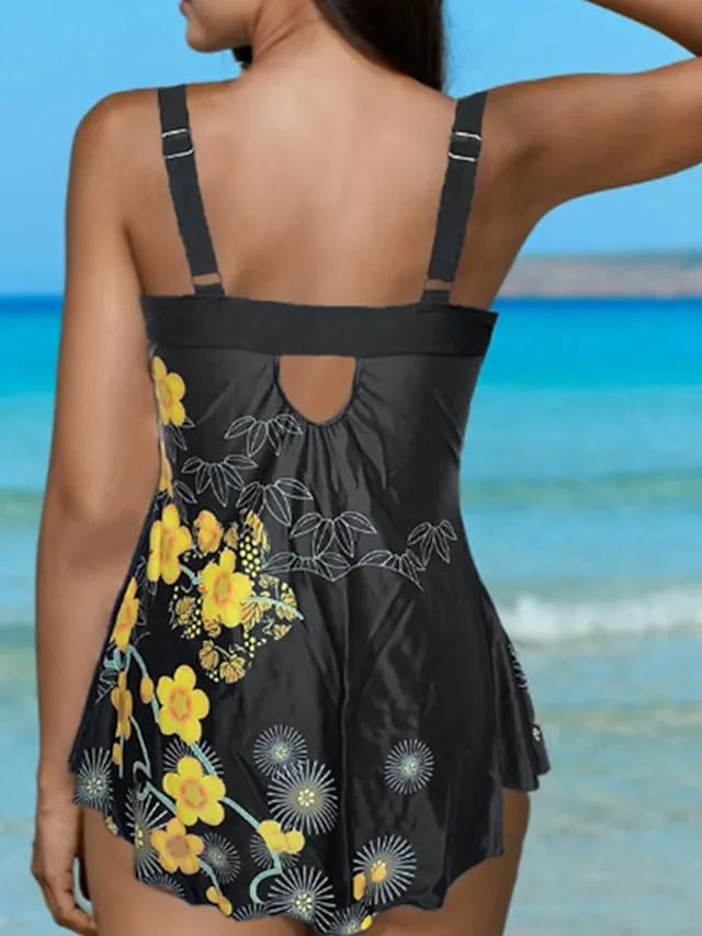 Women's Swimwear 2 Piece Plus Size Swimsuit Modest Swimwear Open Back Printing for Big Busts Flower Yellow Blue Camisole High Neck Bathing Suits New Vacation Fashion
