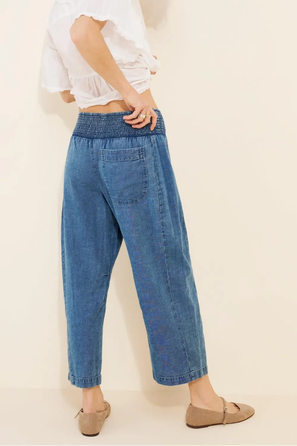 The Reese Smocked Pull-On Barrel Pants: Denim Edition
