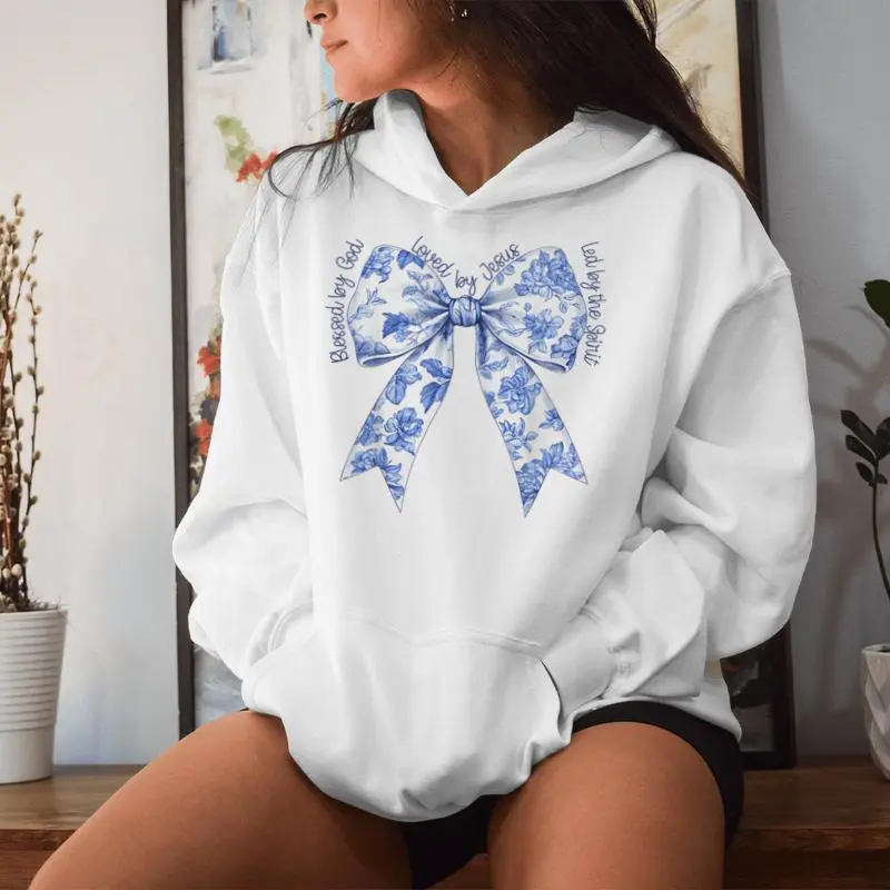 Blessed By God Loved By Jesus Blue Toile Coquette Bow Women Hoodie