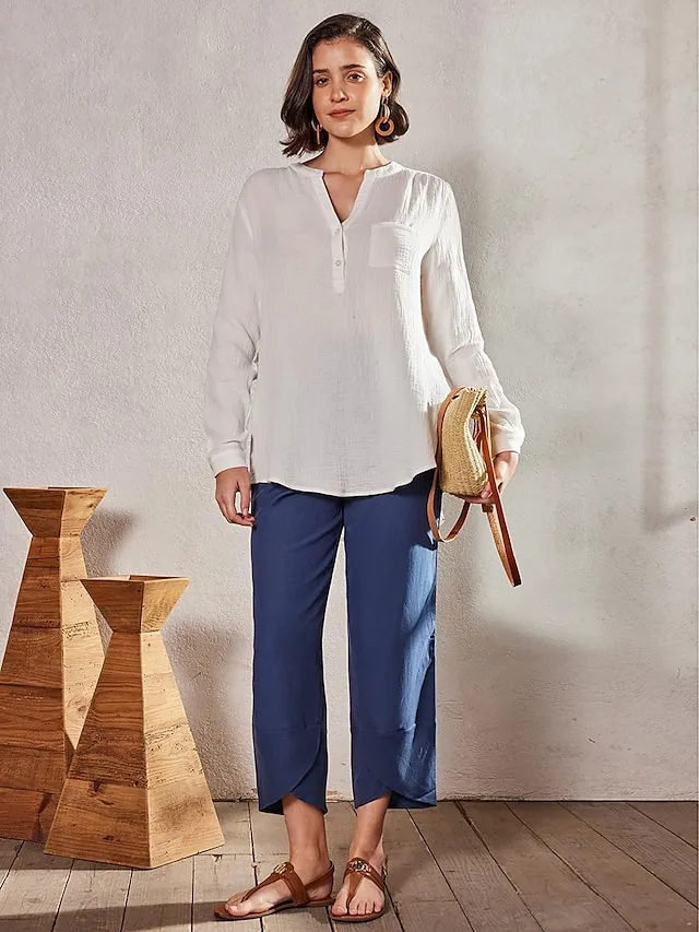 Women's Linen Pants Chinos Pants Trousers Cotton Plain Side Pockets Baggy Ankle-Length Mid Waist Fashion Casual Weekend Navy Blue khaki S M