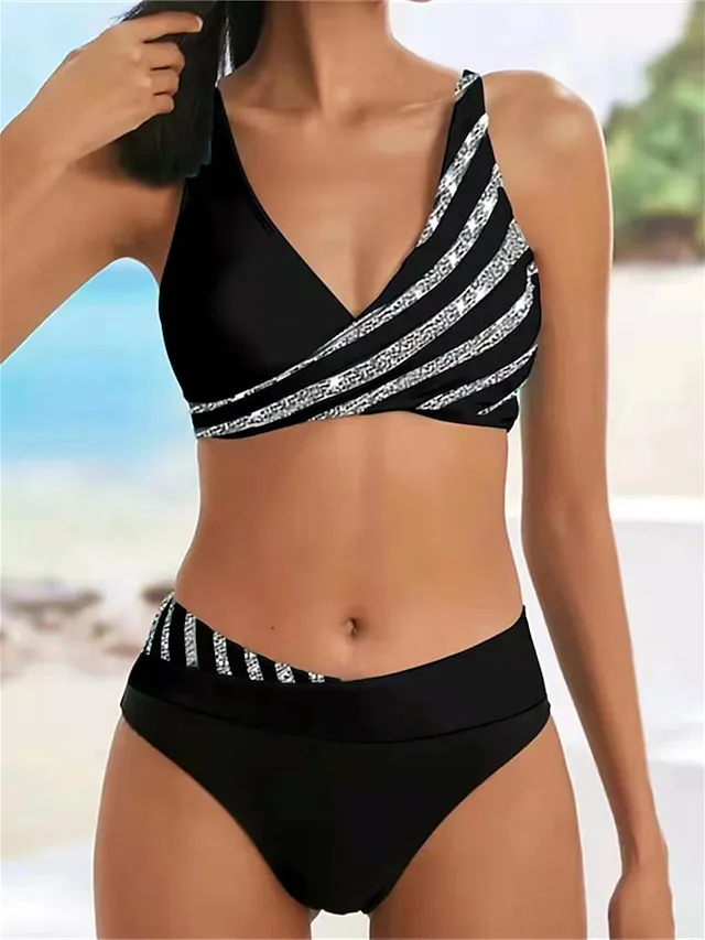 Women's Swimwear Bikini 2 Piece Normal Swimsuit Backless 2 Piece Push Up Sexy Printing Leaf Striped Black Light Green Wine Lavender Purple V Wire Bathing Suits New Vacation Stylish