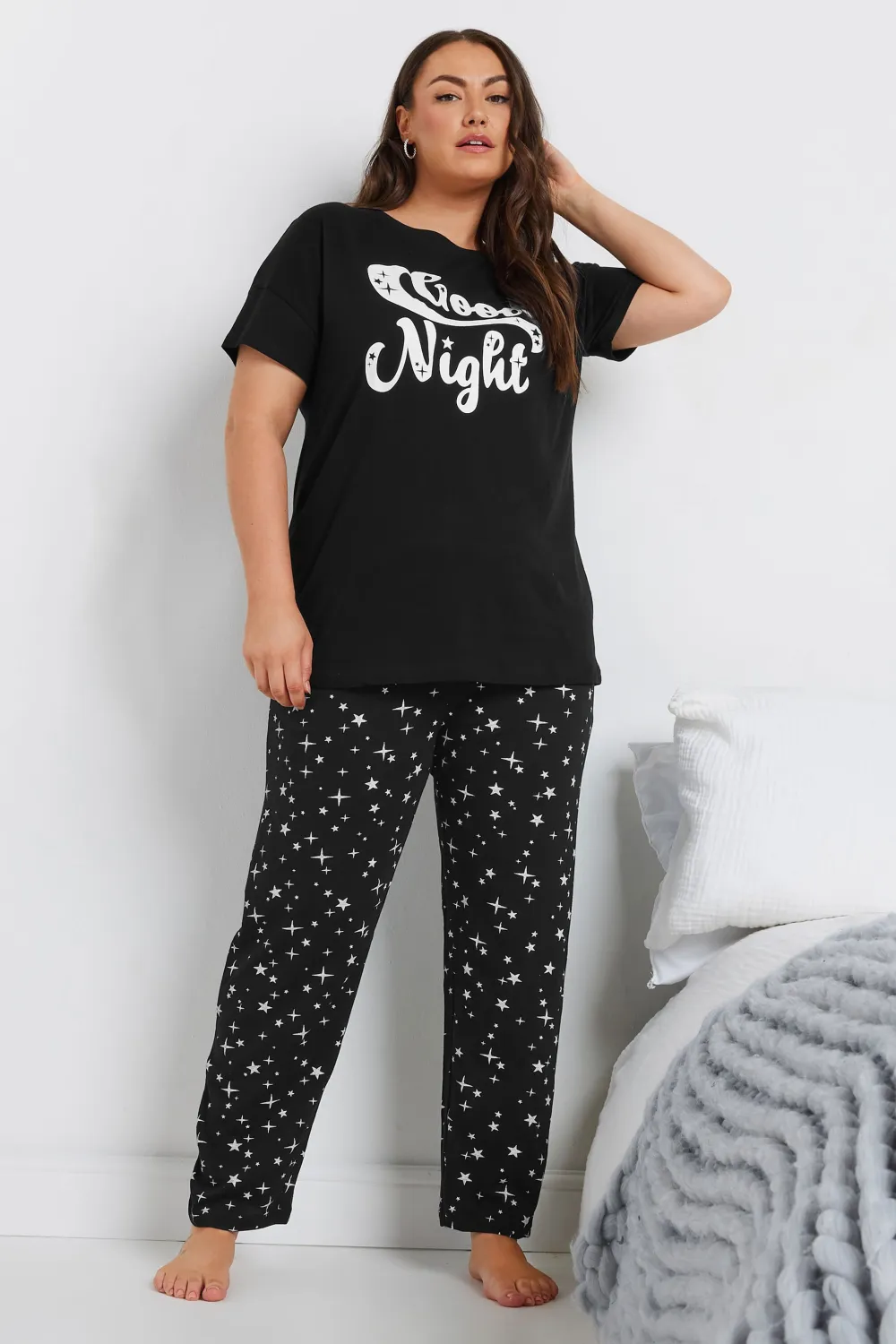 YOURS Curve Black Star Print Wide Leg Pyjama Bottoms