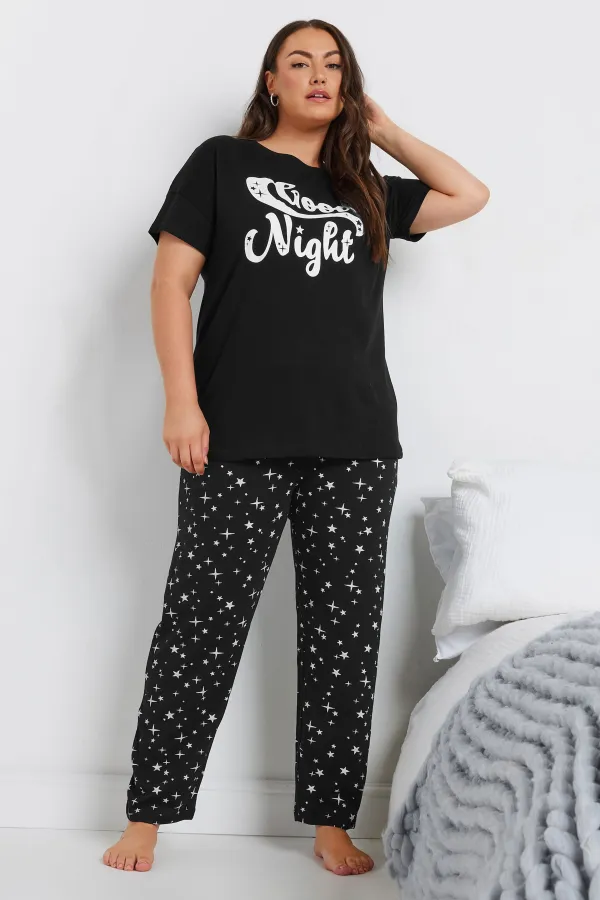YOURS Curve Black Star Print Wide Leg Pyjama Bottoms