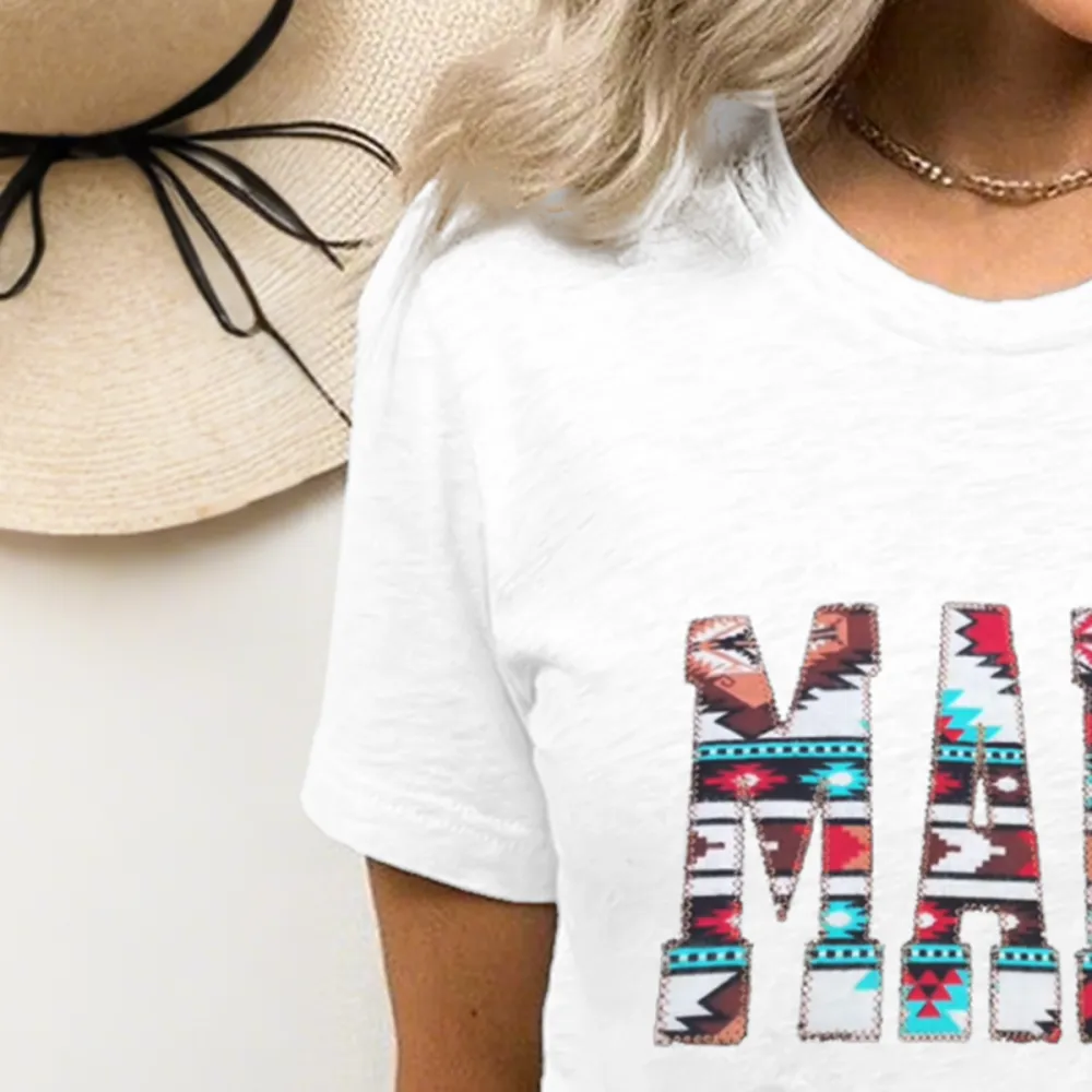 Women'S T-Shirt Cotton Alphabet Print Aztec Print T-Shirt Round Neck MAMA Short Sleeve
