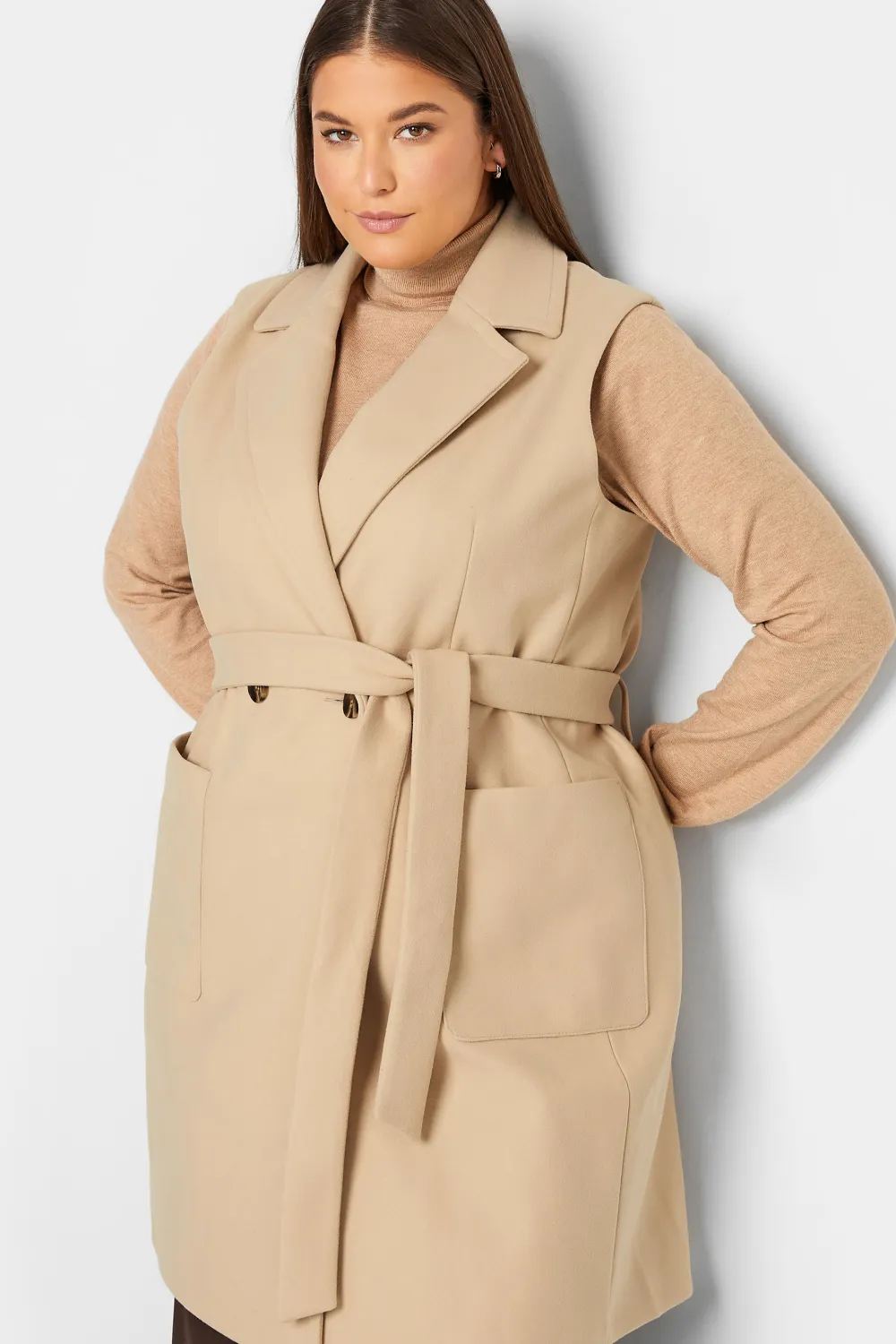 LTS Tall Natural Brown Sleeveless Double Breasted Jacket