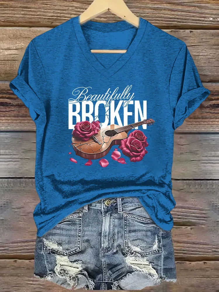 Women's Beautifully Broken Guitar Flower Print Short-Sleeved T-Shirt