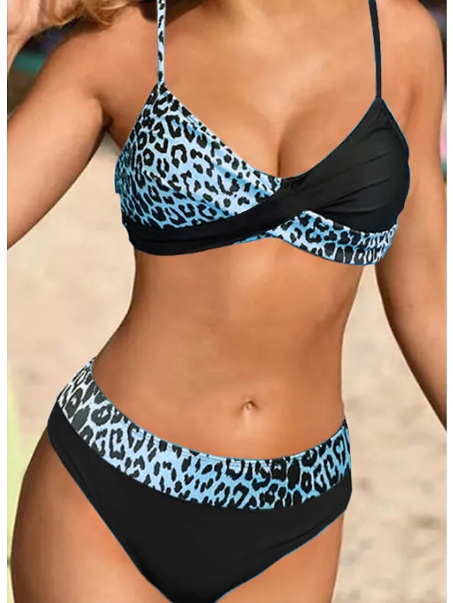 Women's Swimwear Bikini 2 Piece Normal Swimsuit 2 Piece Leopard Black Padded Strap Bathing Suits Sports Vacation Sexy