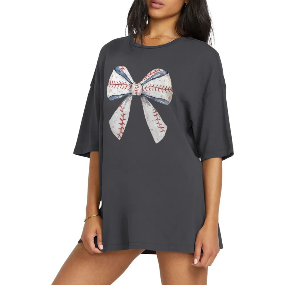 Bow Tie And Baseball Textured Stitching Combination Pattern, Casual T-Shirt.