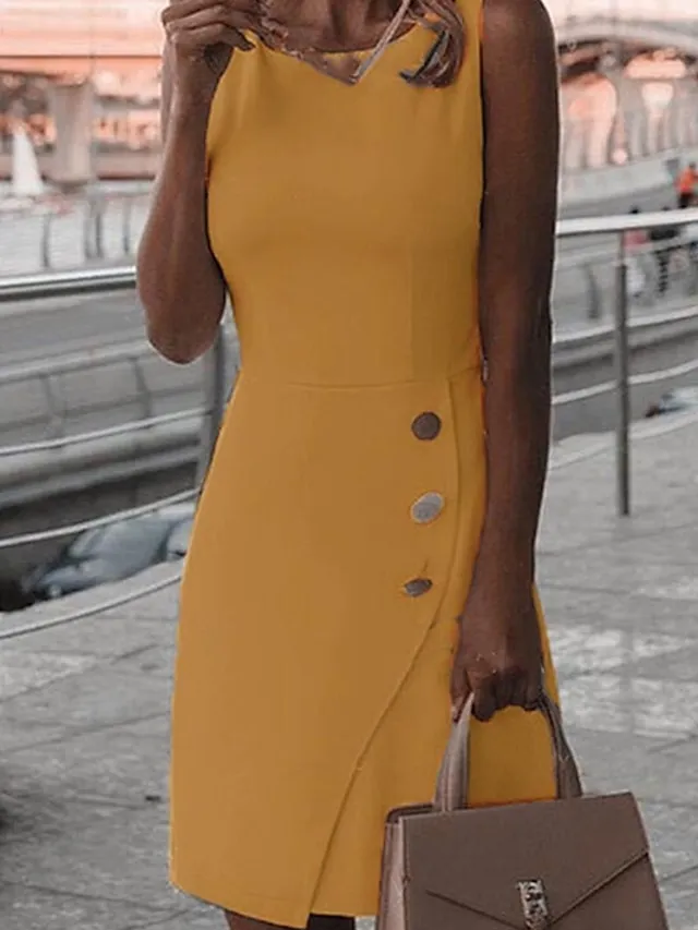 Women's Party Dress Work Dress Sheath Dress Mini Dress Black White Yellow Sleeveless Pure Color Button Summer Spring Fall Crew Neck Fashion Wedding Guest Vacation 2023 S M L XL XXL