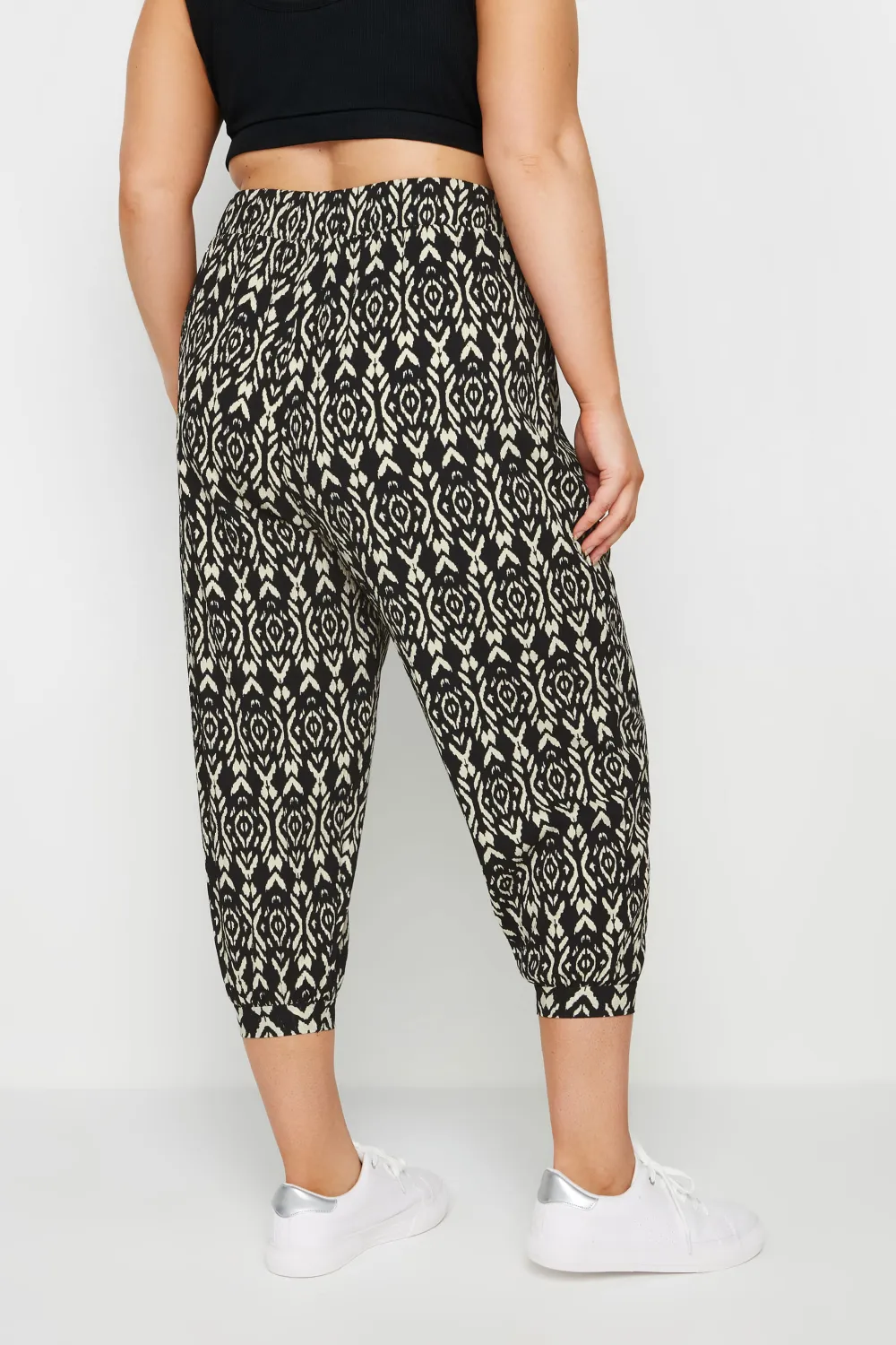 YOURS Curve Yellow Ikat Print Textured Cropped Harem Trousers