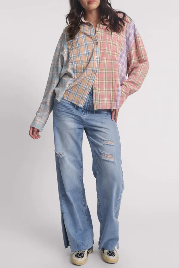 Personal Color Contrast Multi Check Long-Sleeved Shirt