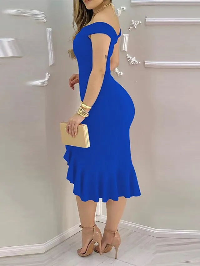 Women's Party Dress Sheath Dress  Knee Length Dress Red starry sky Dark blue starry sky Blue Red Black Sleeveless Elk  Ruffle Split Spring Summer Off Shoulder Elegant Formal Modern Party