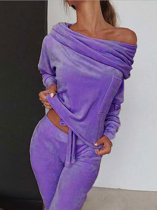 Women‘s Loungewear Sets Winter 2 Pieces Pure Color Comfort Plush Home Street Polyester One Shoulder Long Sleeve Pant Elastic Waist Winter Fall Purple Pink