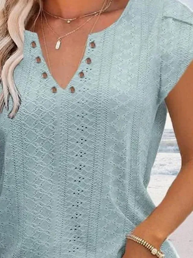 Women's T shirt Tee Light Blue Black White Plain Button Short Sleeve Casual Basic V Neck Regular S