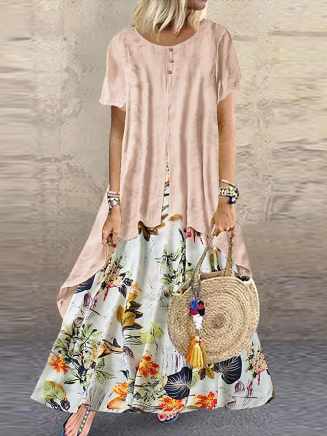 Women's Casual Dress Linen Dress Swing Dress Long Dress Maxi Dress Green Short Sleeve Floral Patchwork Summer Spring Crew Neck Fashion 2023 5XL