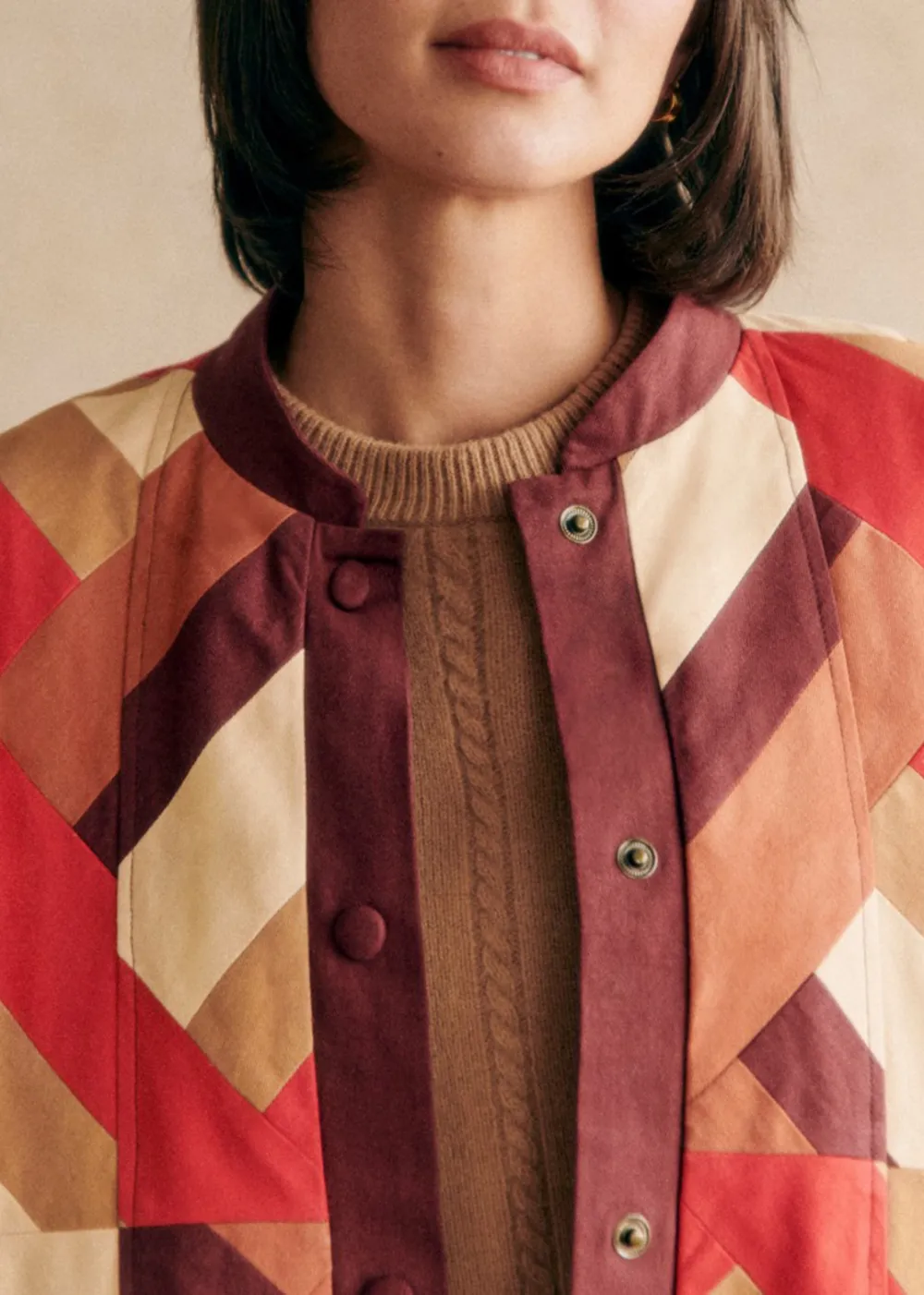 Patchwork Red Brown Long Sleeve BomberJacket