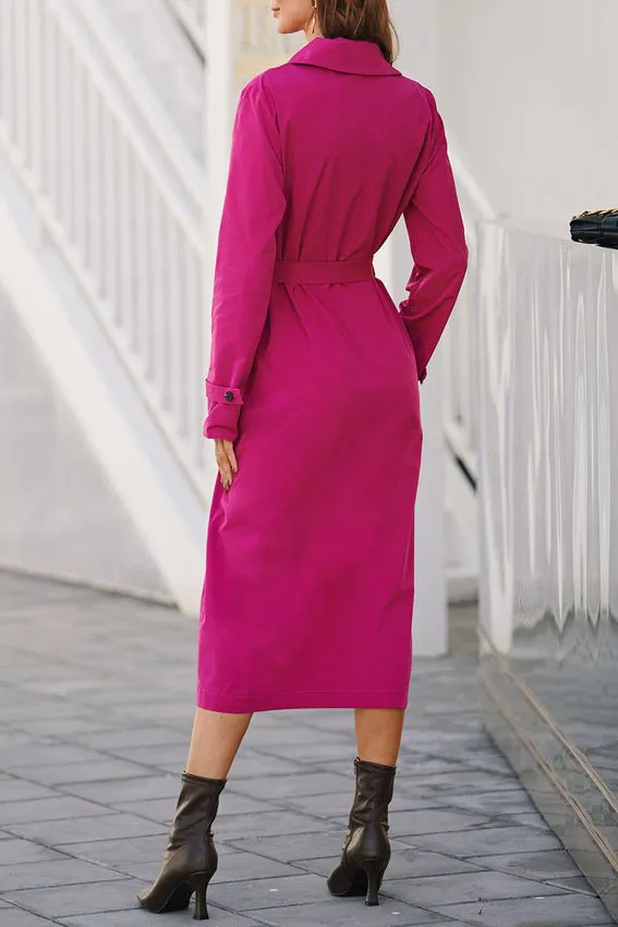 Solid Front Tie Trench Coat in Rose Red