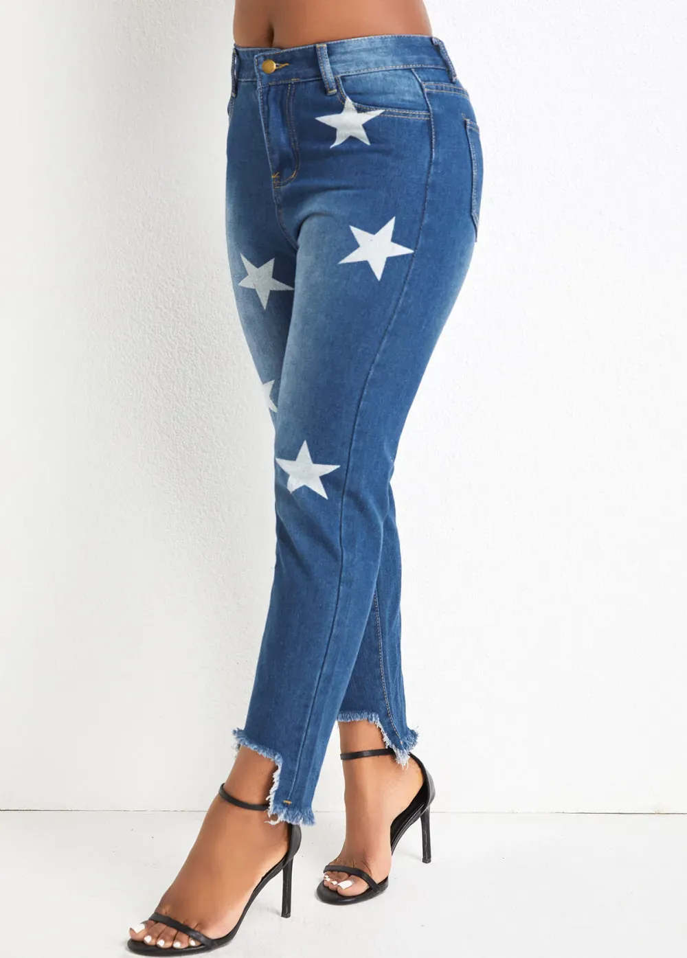 Denim Blue Pocket Star Print Regular Jeans