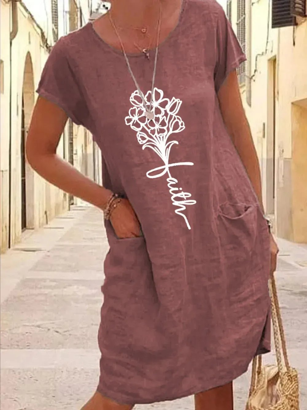 Women's Flower Faith Pocket Cotton Linen Dress