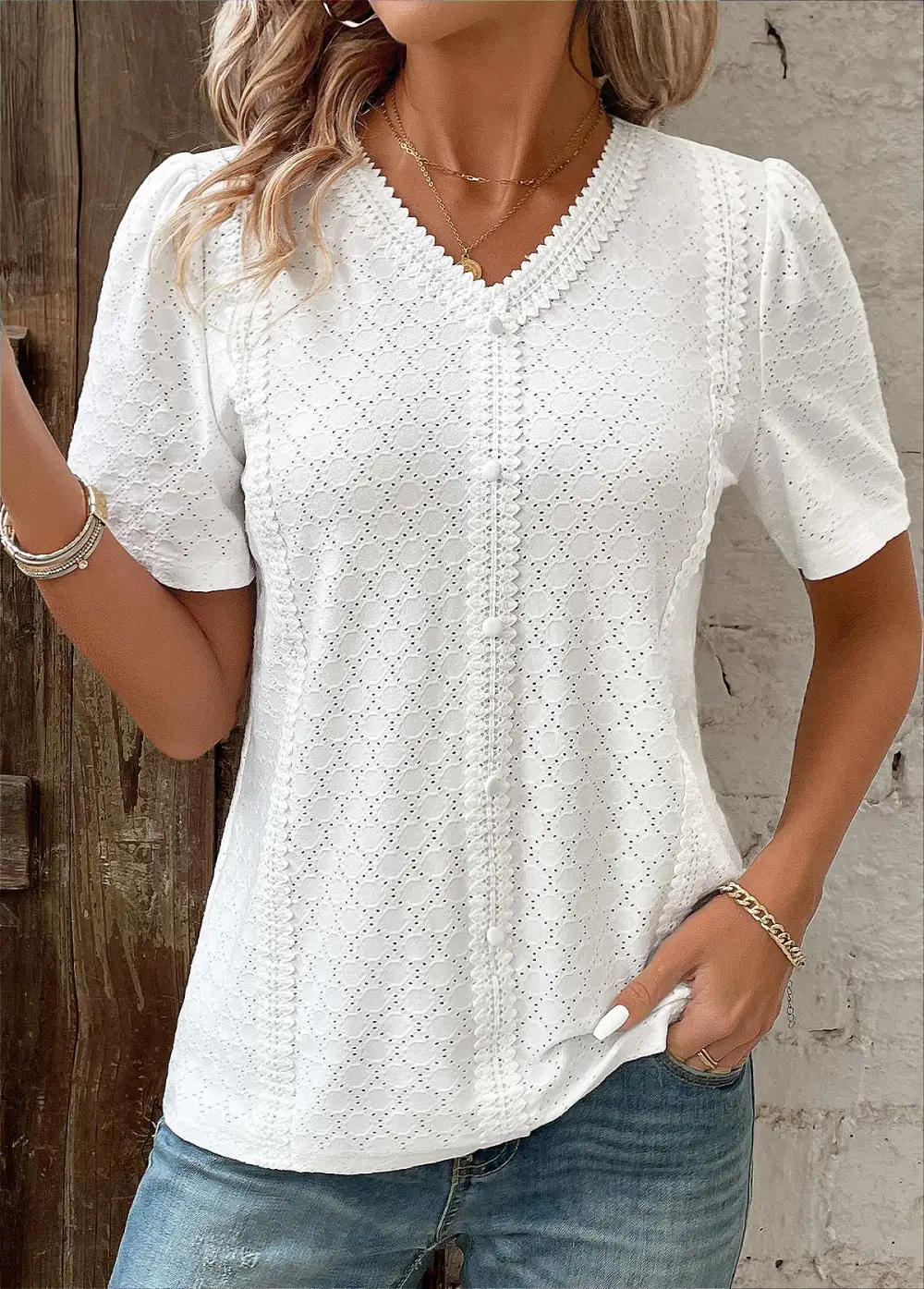 White Patchwork Short Sleeve V Neck Blouse